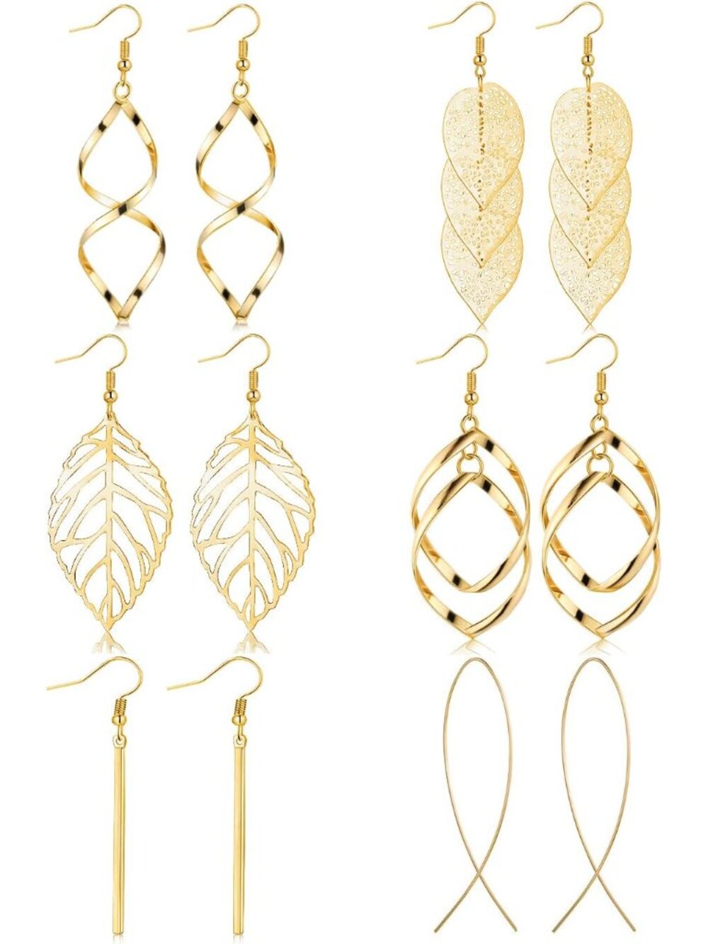 6 Pairs Drop Dangle Earrings for Women Long Bar Double Twist Wave Curved Threade
